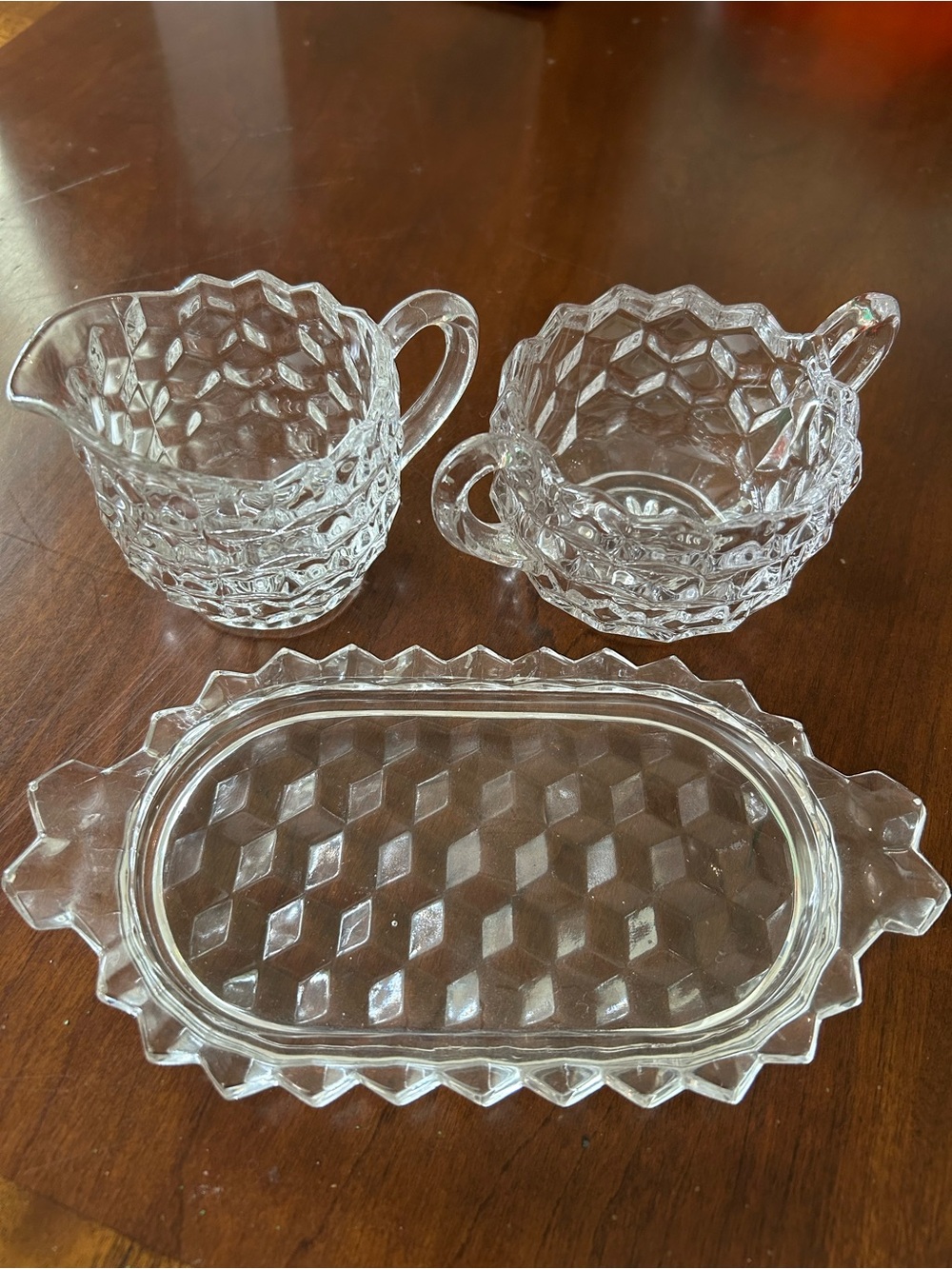 Fostoria American Glass Creamer, Sugar Bowl & Tray Set